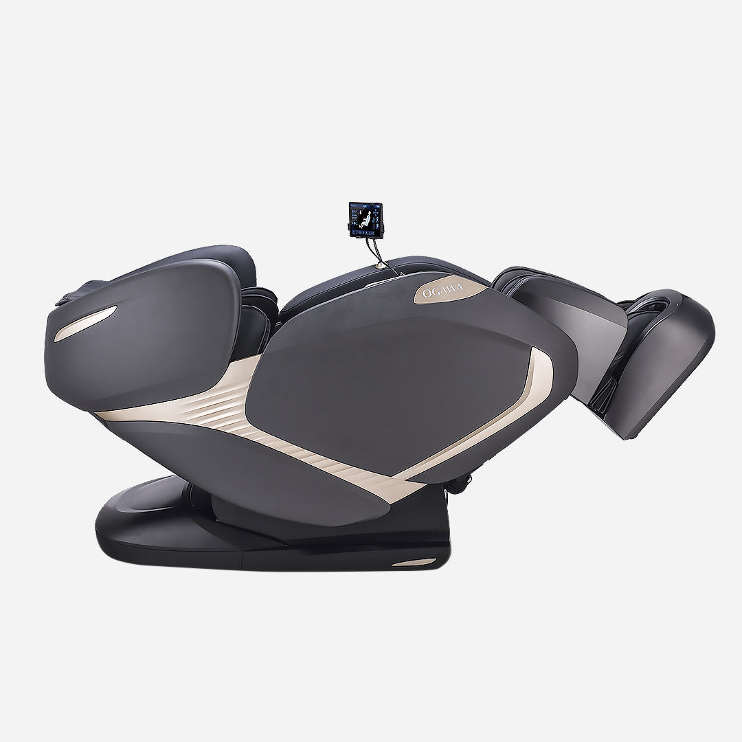 Black Meister massage chair with beige accents on a white background