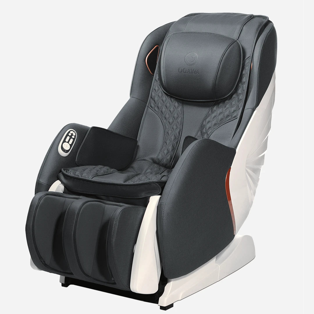 Black My Sofa Lux massage chair with white accents on a white background