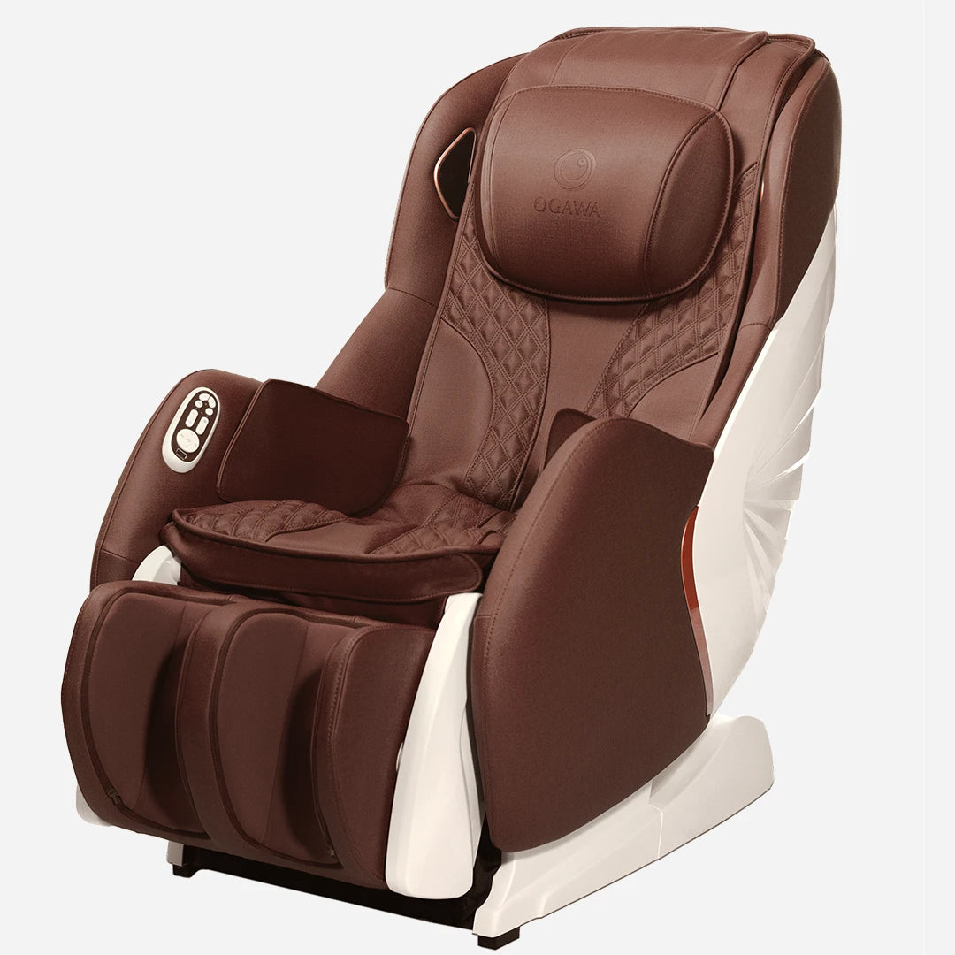 Brown MySofa Lux Massage chair with white base on a white background