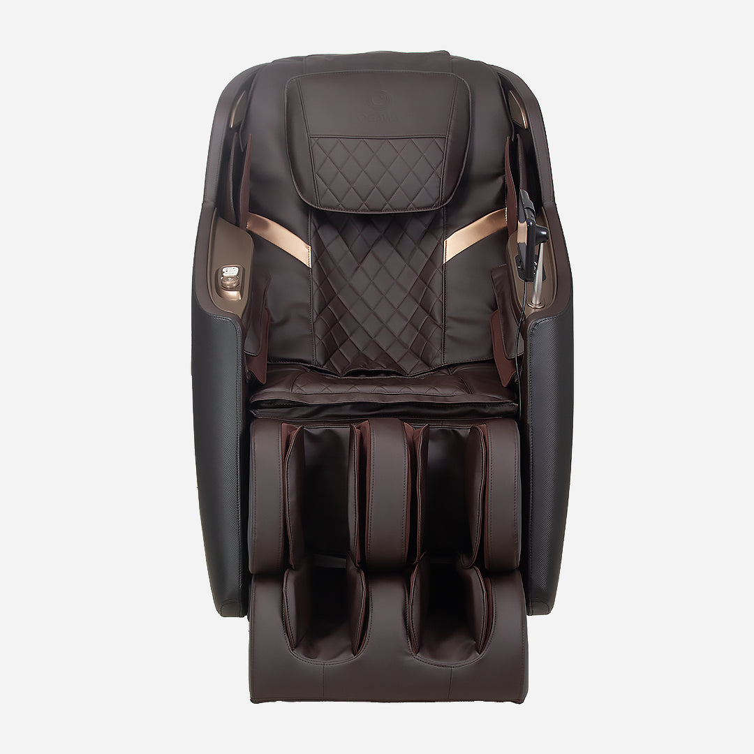 Brown MyZonic Pro Massage Chair with quilted backrest on white background