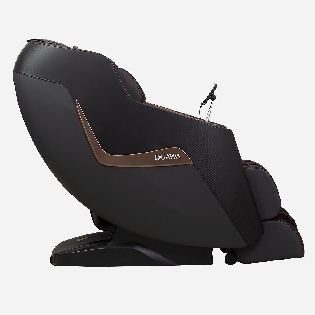Black MyZonic Pro Massage Chair with brown accents on a white background