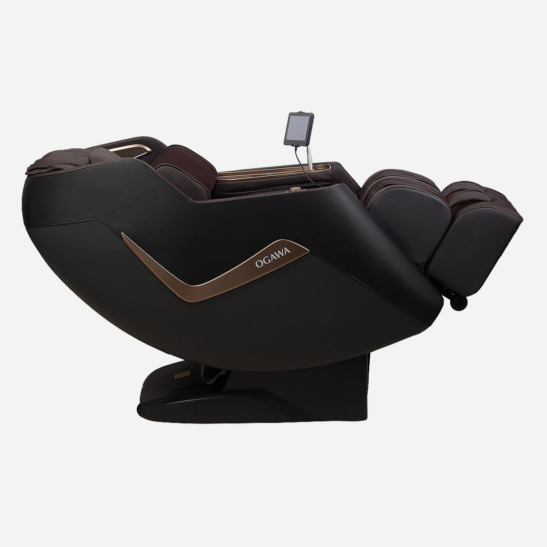 Black MyZonic Pro Massage Chair with brown accents on a white background